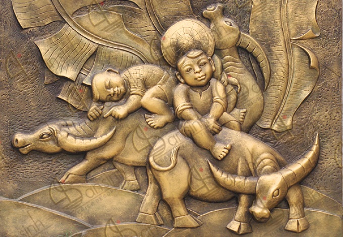 Tranh phù điêu em bé cưỡi trâu