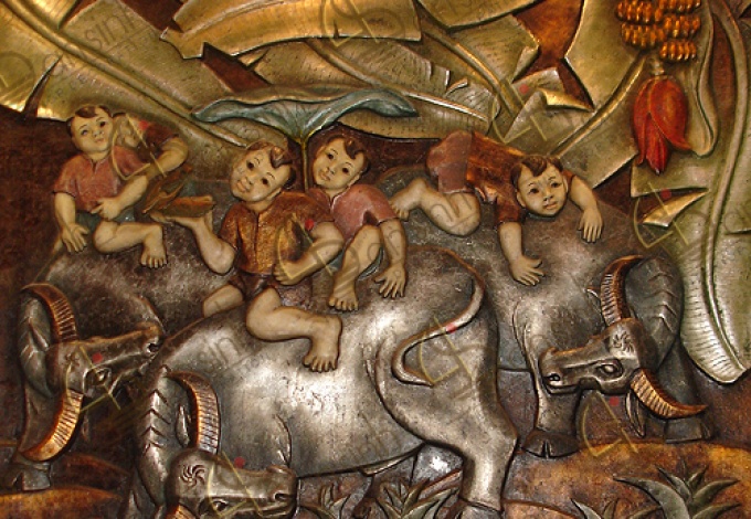 Tranh phù điêu em bé cưỡi trâu